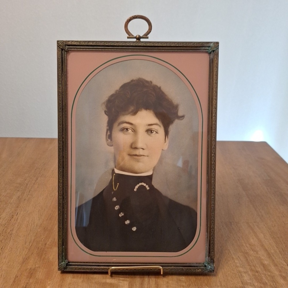Antique Hand-Colored Heirloom Portrait Photograph Woman Brass Frame Glass 12"